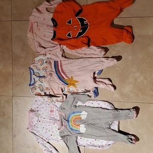 Lot of 6 Girl's 0-3 Months Footed Sleepers and sleep sack.